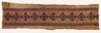 Textile fragment with diamond-shapes, triangles, and floral shapesfront