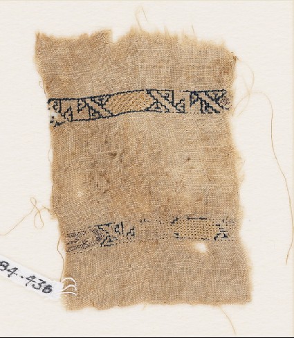 Textile fragment with two bands with cartouches and diagonal linesfront