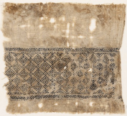 Textile fragment with grid of squares linked by diamond-shapesfront