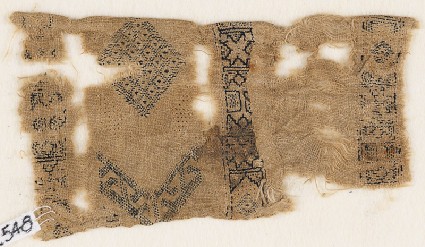 Textile fragment with three parallel bands containing stars and hexagonsfront