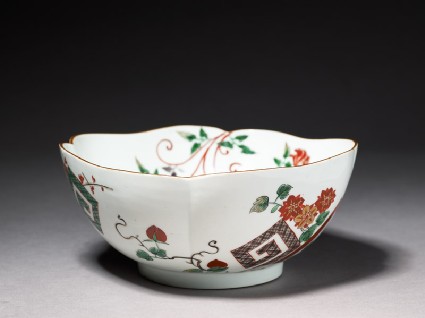 Lobed bowl with geometric and floral designsoblique