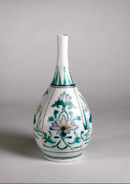 Bottle with four panels depicting lotus flowers and insectsoblique