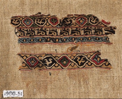Textile fragment with interlacing roundels, birds, and pseudo-inscriptionfront