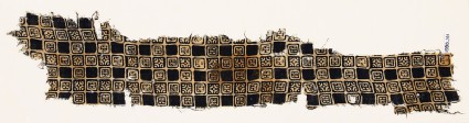 Textile fragment with linked squares, stylized flower-heads, and lines with dotsfront