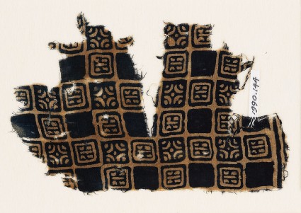 Textile fragment with linked squares, stylised flower-heads, and lines with dotsfront