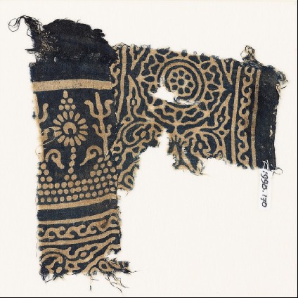 Textile fragment with stylized trees and flowers, a rosette, and leavesfront