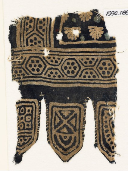 Textile fragment with hexagons and palmettes, and three tabsfront
