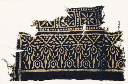 Textile fragment with squares and stylized treesfront