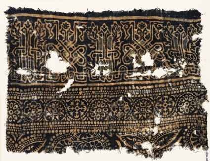 Textile fragment with interlace based on naskhi script, rosettes, and floral patternfront