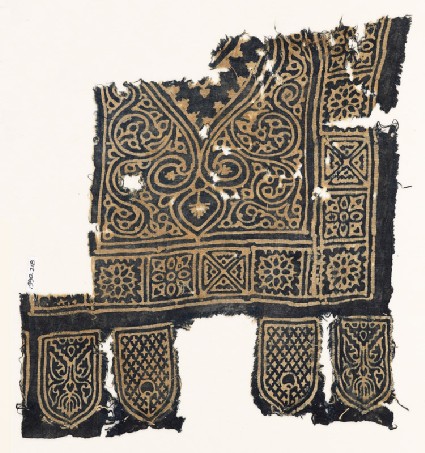 Textile fragment with medallion, squares with quatrefoils and rosettes, and tabsfront