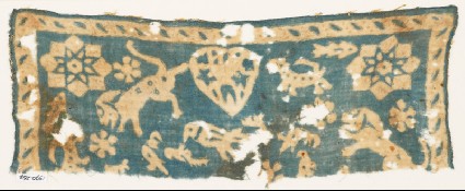 Textile fragment with animals, stars, and heartfront