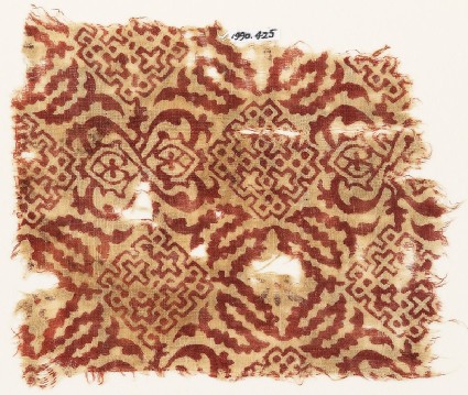 Textile fragment with squares, crosses, dots, and tendrilsfront
