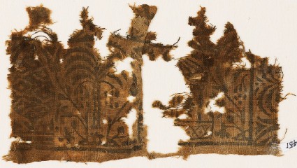 Textile fragment with palm tree, floral design, and part of a pavilionfront