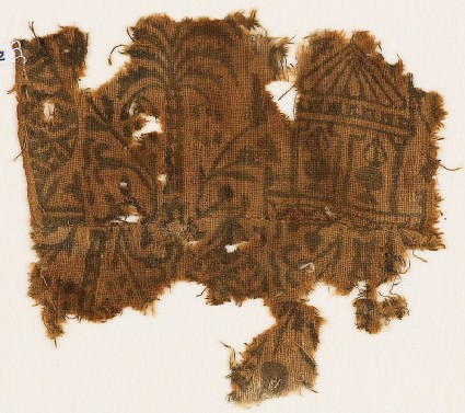 Textile fragment with palm tree, floral patterns, and a pavilionfront