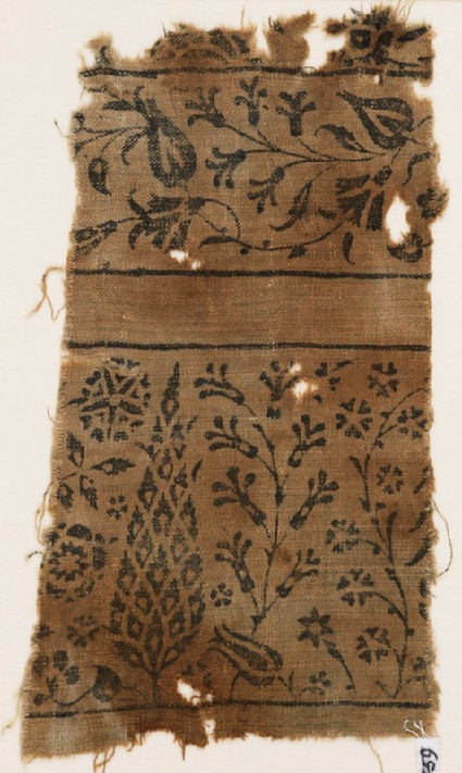 Textile fragment with stylized tree, flowering plants, vine, and flower-headsfront
