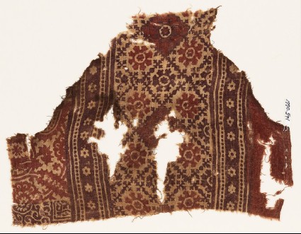 Textile fragment with grid of squares and flowersfront