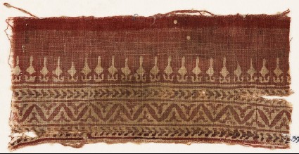 Textile fragment with bands of zigzag, chevrons, and bodhi leavesfront