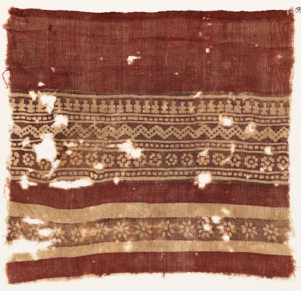 Textile fragment with bands of rosettes, zigzag, and possibly vasesfront