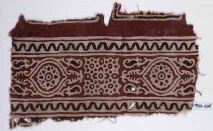 Textile fragment with oval medallions, tendrils, and linked rosettesfront