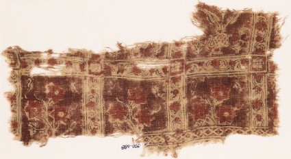 Textile fragment with squares, vines, and flowersfront