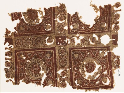 Textile fragment with squares, elaborate rosettes, and circlesfront