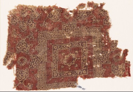 Textile fragment with squares, elaborate quatrefoils, and flowersfront