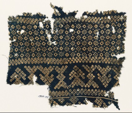 Textile fragment with rosettes, lobed squares, and bandhani, or tie-dye, imitationfront