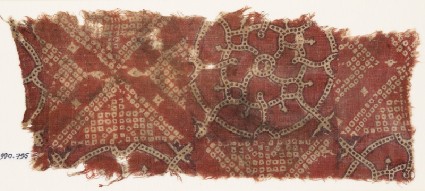 Textile fragment with bandhani, or tie-dye, imitation and interlocking circlesfront