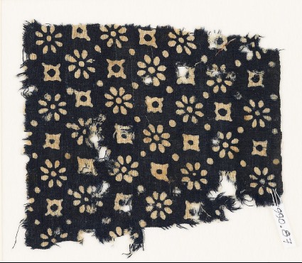 Textile fragment with rosettes, dots, and lobed squaresfront