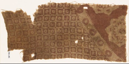 Textile fragment with linked squares and ornate flower-headsfront