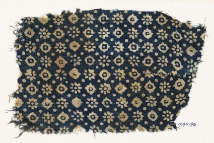 Textile fragment with rosettes, dots, and lobed squaresfront