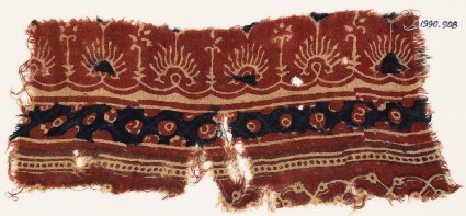 Textile fragment with bands of flowers, palmettes, and circlesfront
