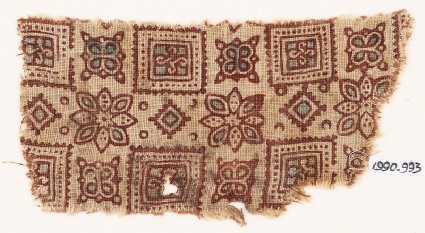 Textile fragment with squares, flowers, quatrefoils, and diamond-shapesfront