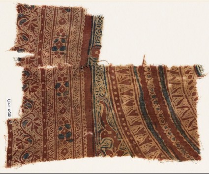 Textile fragment with concentric circles, triangles, and dotsfront