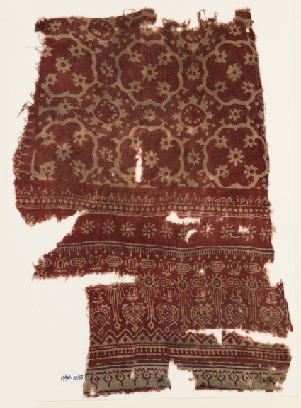 Textile fragment with medallions, flowers, and heartsfront