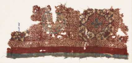 Textile fragment with medallions, tendrils, and zigzagsfront