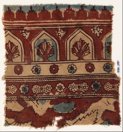 Textile fragment with arches, plants, and starsfront