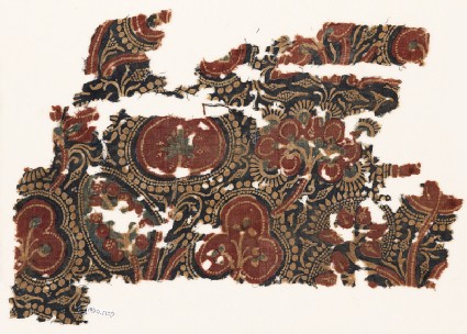 Textile fragment with stylized trees and bunches of fruitfront