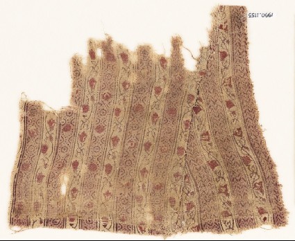 Textile fragment with bands of vines, flowers, chevrons, and ovalsfront