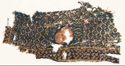 Textile fragment with rose and grid of medallions and rosettesfront
