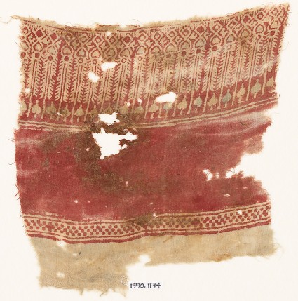 Textile fragment with bodhi leaves and possibly stylized treesfront