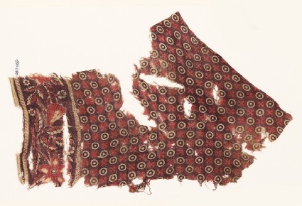 Textile fragment with circles, and naturalistic fruit and flowersfront