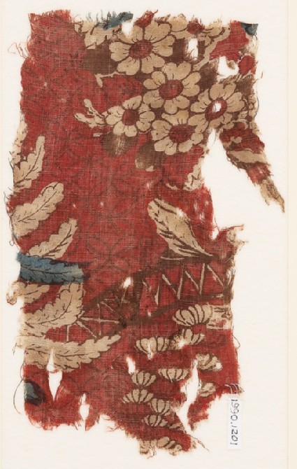 Textile fragment with chinoiserie bridge, branches, and flowersfront