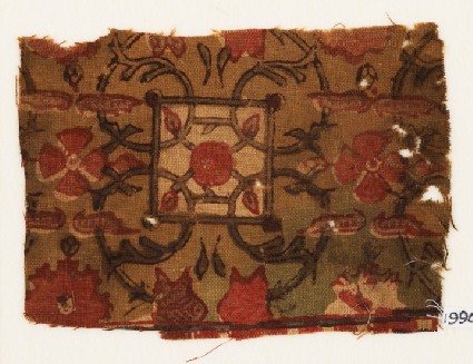 Textile fragment with flowers, squares, and interlacefront