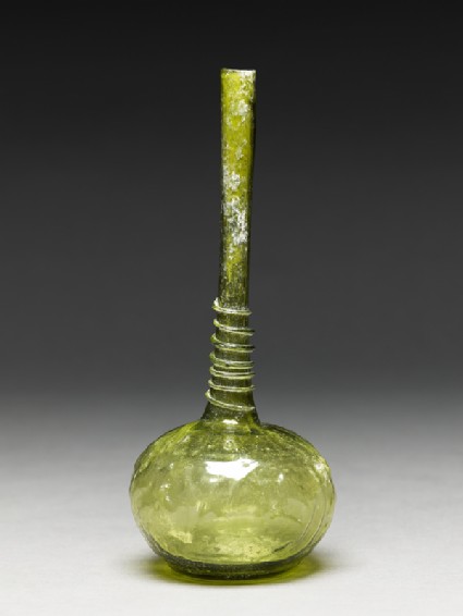 Glass bottle with globular body and tubular neckside