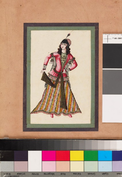 Page from a dispersed muraqqa‘, or album, depicting a dancing girl holding her scarffront