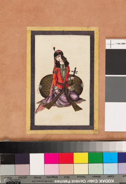 Page from a dispersed muraqqa‘, or album, depicting a seated girl playing a string instrumentfront