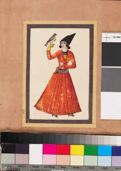 Page from a dispersed muraqqa‘, or album, depicting a youth holding a hawkfront