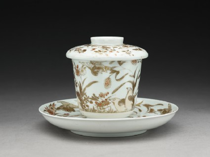 Lidded cup and saucer with quails, chrysanthemums, and milletsoblique