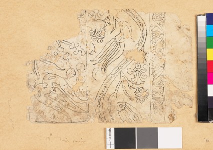 Fragmentary drawing for a tile or textile with floral border of undulating leaf-shapesfront